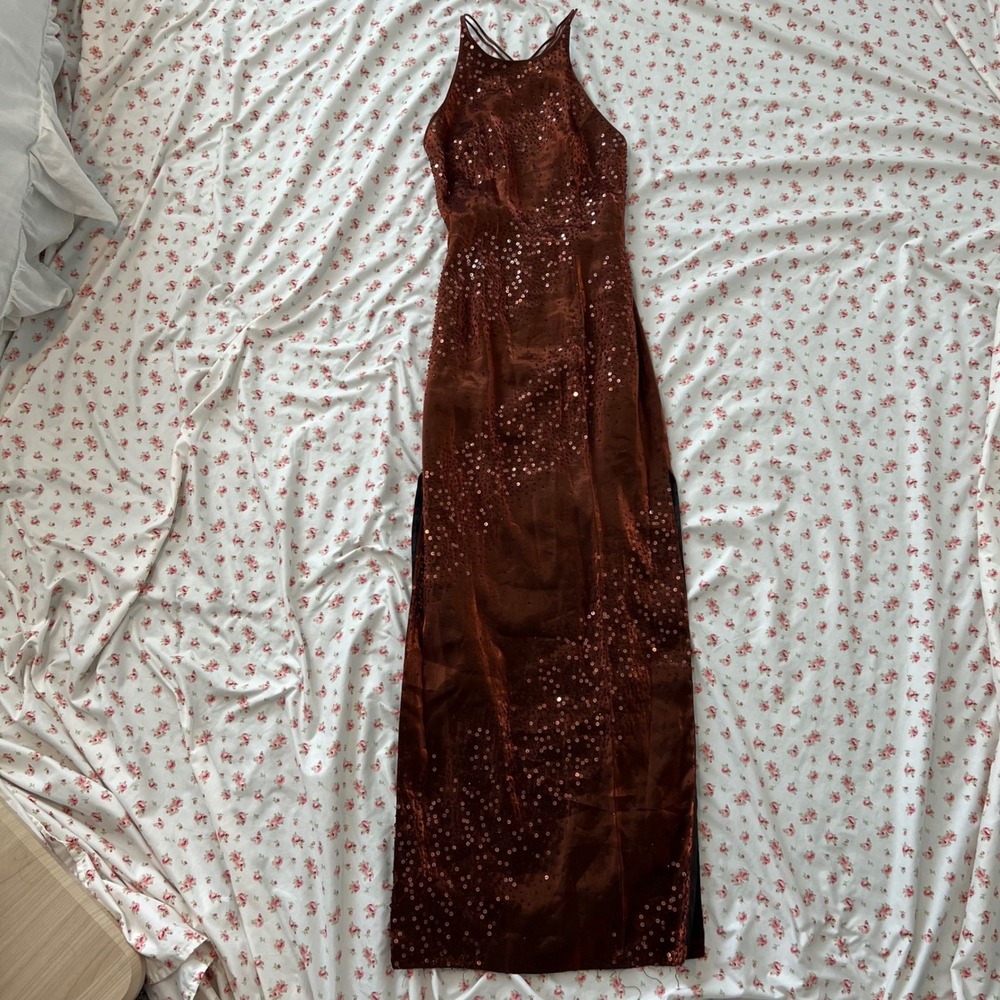 vintage orange metallic beaded evening maxi dress with open‎ back and side slit - Picture 3 of 8